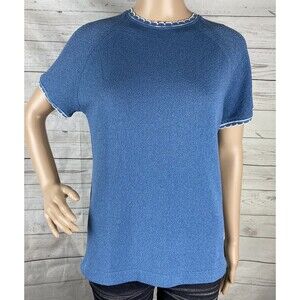 True Vintage Talbott Sweater Size 36 Medium Blue White Scallop Trim Full Fashion